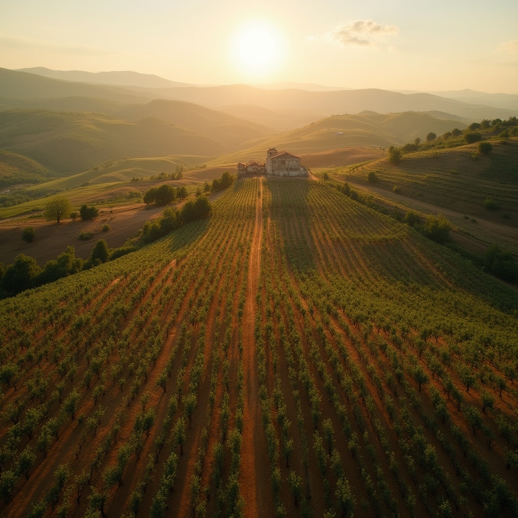 Panorama di campagna toscana con vigneti e oliveti al tramonto