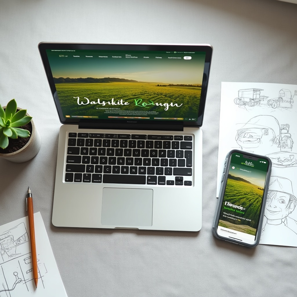 Schermata di sito web moderno per azienda agricola su laptop e smartphone