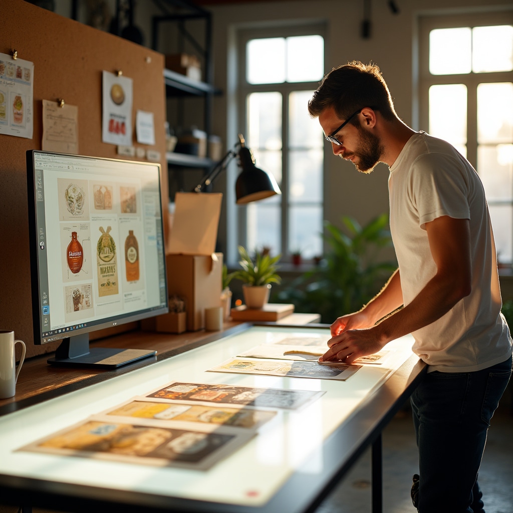 Studio grafico con tavola di packaging food design per prodotti biologici